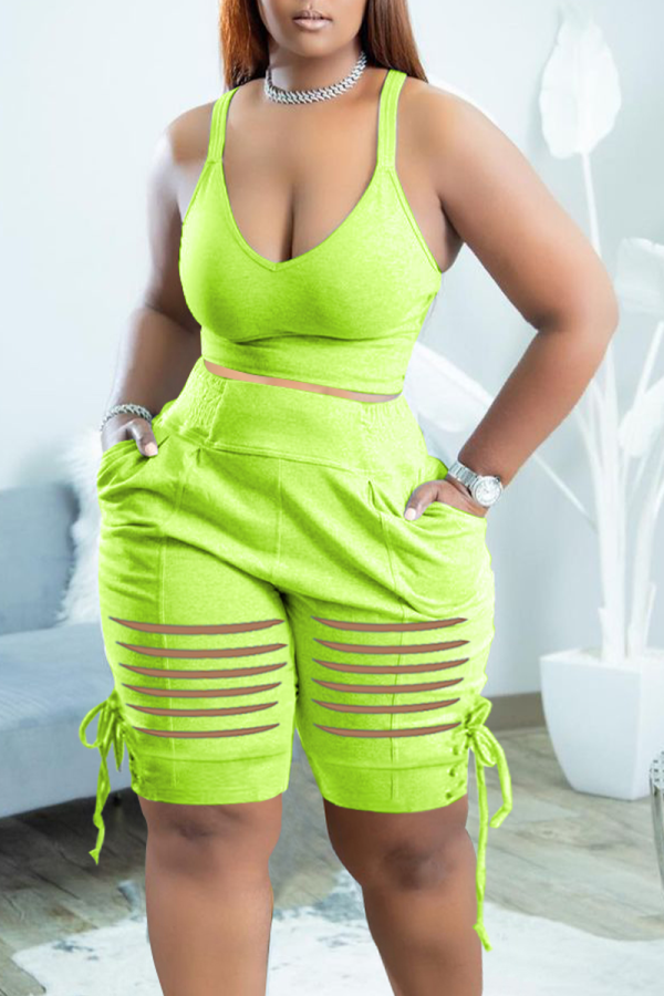 Fluorescent Green Sexy Solid Patchwork U Neck Sleeveless Two Pieces