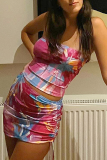 Pink Sexy Print Patchwork One Shoulder Pencil Skirt Dresses