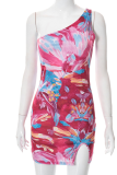Pink Sexy Print Patchwork One Shoulder Pencil Skirt Dresses