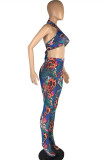 Blue Fashion Sexy Print Bandage Backless Strapless Sleeveless Two Pieces
