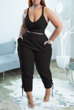 Grey Sexy Solid Patchwork V Neck Plus Size Two Pieces