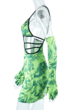 Green Sexy Print Patchwork Spaghetti Strap Pencil Skirt Dresses