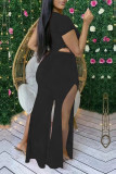 Rose Red Casual Solid Hollowed Out Patchwork Slit O Neck Short Sleeve Two Pieces