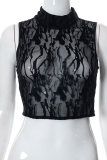 Black Sexy Patchwork Mesh Half A Turtleneck Tops