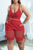 Burgundy Sexy Solid Patchwork U Neck Sleeveless Two Pieces