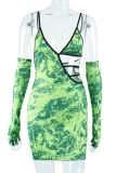 Green Sexy Print Patchwork Spaghetti Strap Pencil Skirt Dresses