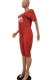 Red Casual Print Patchwork V Neck Straight Rompers