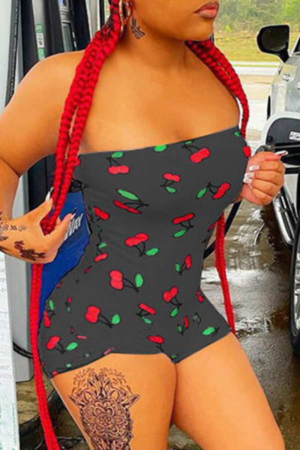 Black Fashion Casual Print Backless Strapless Skinny Romper