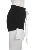 Black Casual Patchwork Draw String Slit Straight Straight Solid Color Bottoms
