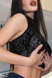 Black Sexy Patchwork Mesh Half A Turtleneck Tops