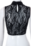 Black Sexy Patchwork Mesh Half A Turtleneck Tops