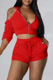 Red Fashion Casual Solid Backless Fold Half A Turtleneck Half Sleeve Two Pieces
