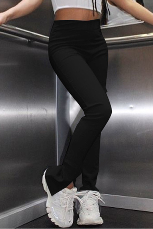 Black Fashion Casual Solid Slit Skinny High Waist Trousers