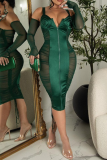 Green Sexy Solid Mesh Spaghetti Strap Pencil Skirt Dresses