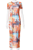 Orange Sexy Print Patchwork O Neck Straight Dresses
