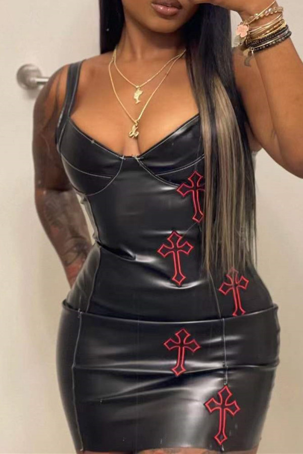 Black Fashion Sexy Solid Patchwork Backless V Neck Sling Dress