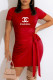 Red Fashion Sexy Print Letter O Neck One Step Skirt Dresses