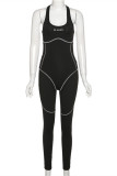 Black Fashion Casual Sportswear Letter Print Patchwork U Neck Skinny Jumpsuits
