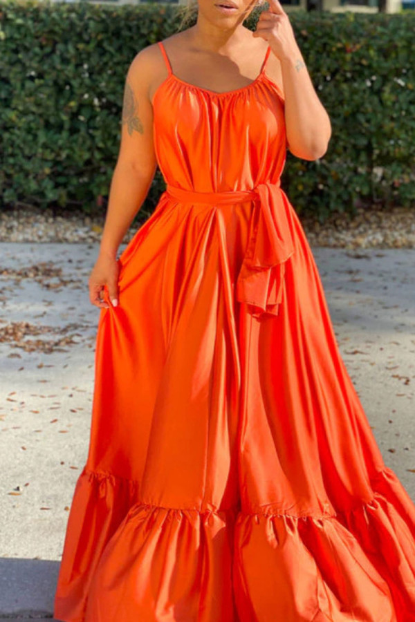 Tangerine Red Elegant Solid Patchwork Spaghetti Strap A Line Dresses