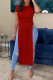 Red Casual Solid Patchwork Slit O Neck T-Shirts