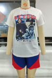 White Casual Print Patchwork O Neck Short Sleeve Two Pieces