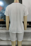 White Casual Street Print Tassel Patchwork V Neck Short Sleeve Two Pieces