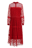Red Sexy Solid Mesh O Neck Cake Skirt Dresses