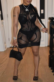 Black Sexy Solid Mesh Half A Turtleneck Pencil Skirt Dresses