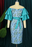Light Green Casual Print Bandage Patchwork Flounce Off the Shoulder One Step Skirt Dresses