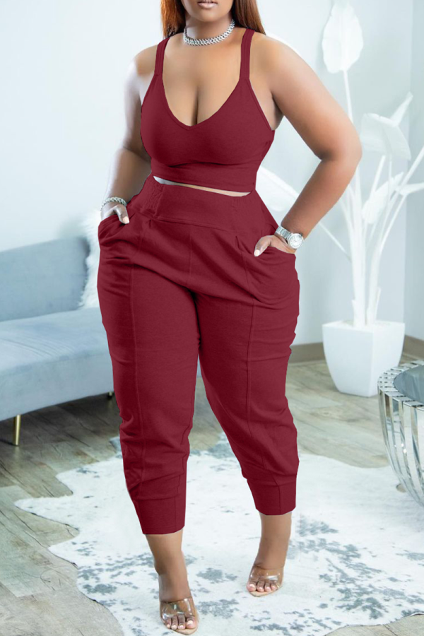Burgundy Casual Solid Patchwork Spaghetti Strap Sleeveless Two Pieces