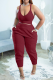 Burgundy Casual Solid Patchwork Spaghetti Strap Sleeveless Two Pieces