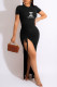 Black Fashion Sexy Print Slit O Neck Irregular Dress Dresses