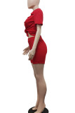 Red Casual Solid Patchwork Buckle Turndown Collar Short Sleeve Two Pieces