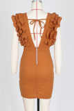 Orange Sexy Solid Stringy Selvedge V Neck Irregular Dress Dresses