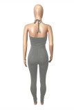 Grey Sexy Casual Solid Bandage Hollowed Out Backless Halter Jumpsuits