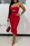 Red Fashion Sexy Solid Tassel Hollowed Out Backless Spaghetti Strap Sleeveless Dress