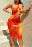 Orange Fashion Sexy Print Bandage Hollowed Out Backless Halter Strapless Dress