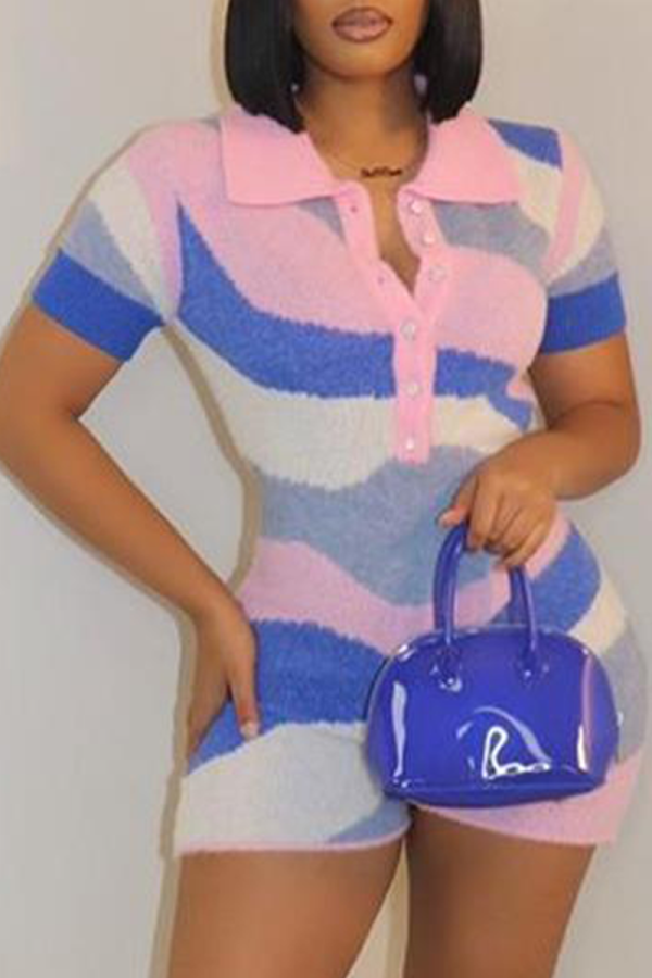 Powder Blue Sexy Print Patchwork Turndown Collar Skinny Rompers