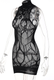 Black Sexy Solid Mesh Half A Turtleneck Pencil Skirt Dresses