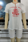 White Casual Street Print Tassel Patchwork V Neck Short Sleeve Two Pieces