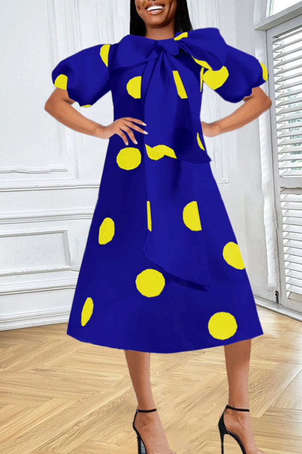 Blue Elegant Print Patchwork With Bow O Neck A Line Dresses