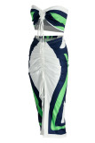 Multicolor Sexy Striped Print Patchwork Draw String Fold Strapless Sleeveless Two Pieces