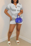 Powder Blue Sexy Print Patchwork Turndown Collar Skinny Rompers