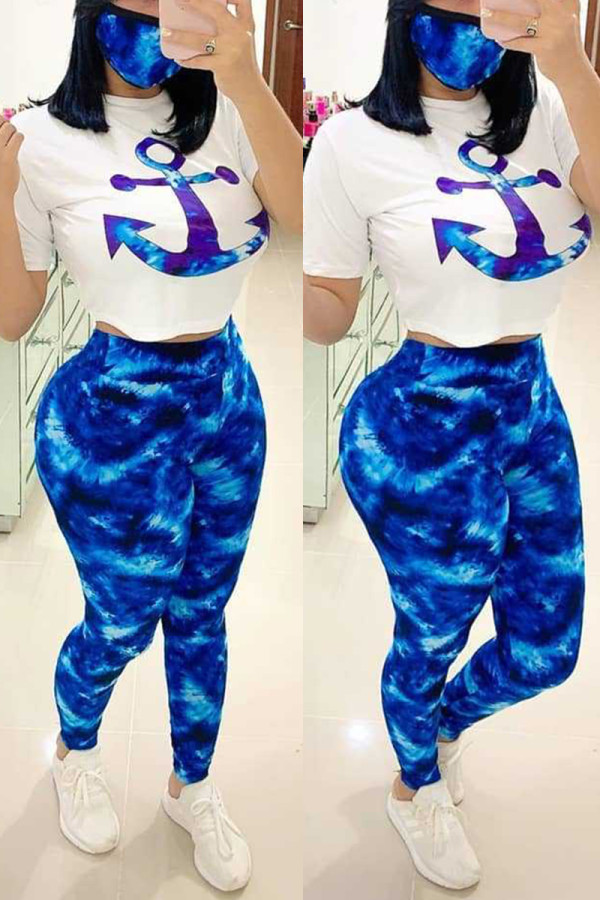 Blue Fashion Sexy Printed Short Sleeve Top Set（With Mask）