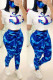 Blue Fashion Sexy Printed Short Sleeve Top Set（With Mask）