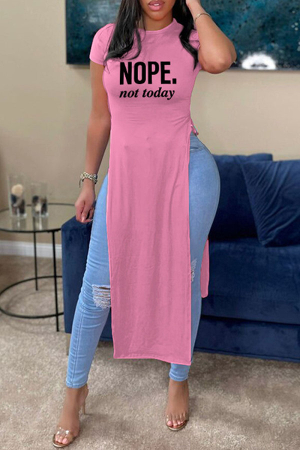 Pink Casual Print Patchwork Slit O Neck T-Shirts
