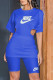 Blue Fashion Casual Print Hollowed Out O Neck Short Sleeve Two Pieces