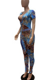 Pink Casual Print Patchwork V Neck Regular Jumpsuits