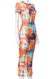 Orange Sexy Print Patchwork O Neck Straight Dresses