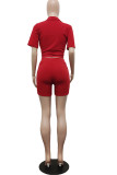 Red Casual Solid Patchwork Buckle Turndown Collar Short Sleeve Two Pieces